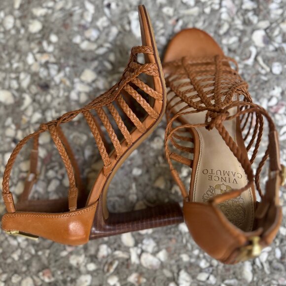 Vince Camuto Braided Leather Block Heel Sandals Tan Size 7M Boho Chic - Picture 2 of 7